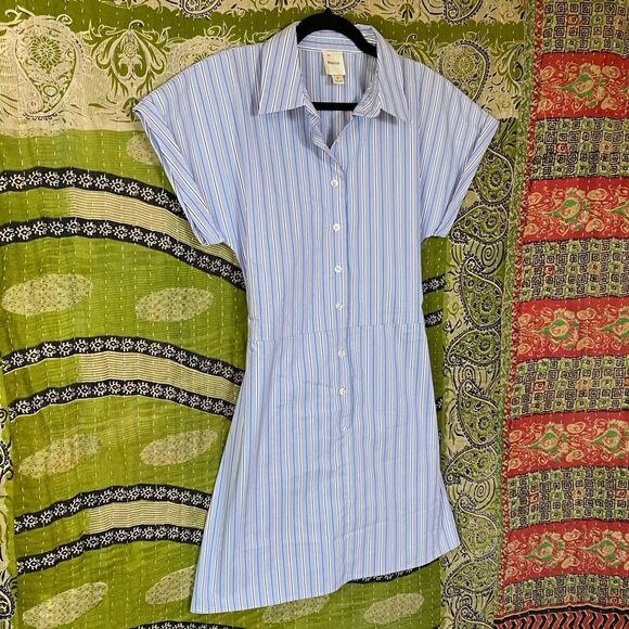 Maeve Blue/ White Striped Button Front Wrap Mini Shirt Dress Size Small - Picture 9 of 16